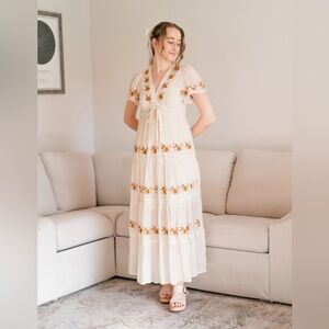 Piper and Scoot Neutral Tiered Floral Embroidered Dress Empire Waist